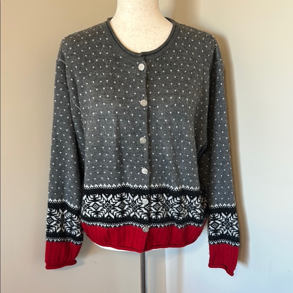 Vintage Tally Ho Gray Black Red Fair Isle Sweater Cardigan Size Medium